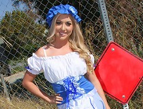 Blond girl sucks and fucks a  line of hung black men